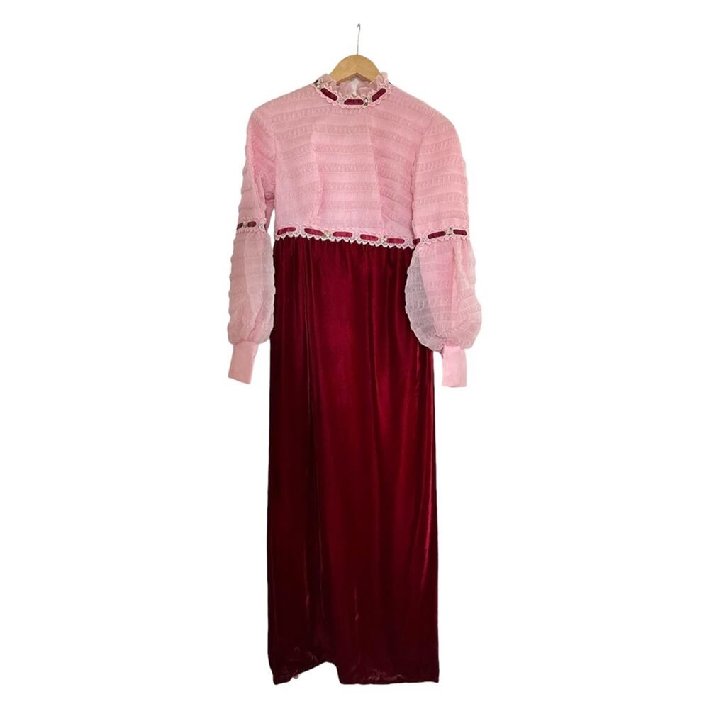 Vintage 1960's Juniors Formal Pink & Burgundy Long Dress Velvet & Nylon Size 7/8 - Picture 7 of 13